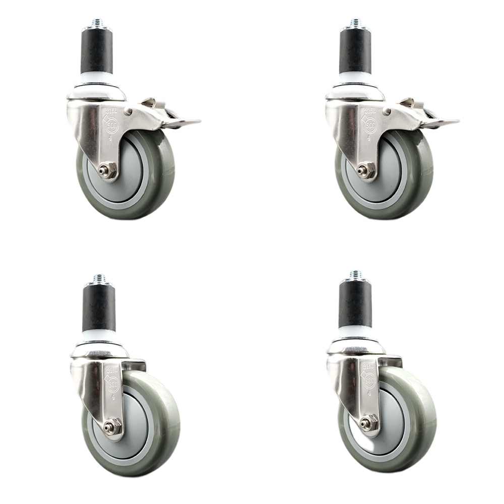 Polyurethane Swivel Stem Caster Set of 4 with 4 Inch Gray Caster Wheels - 1-5/8" Expanding Stem -316 Stainless Steel Casters-Includes 2 Swivel with Total Lock Brakes and 2 Swivel-Service Caster Brand — photo 1