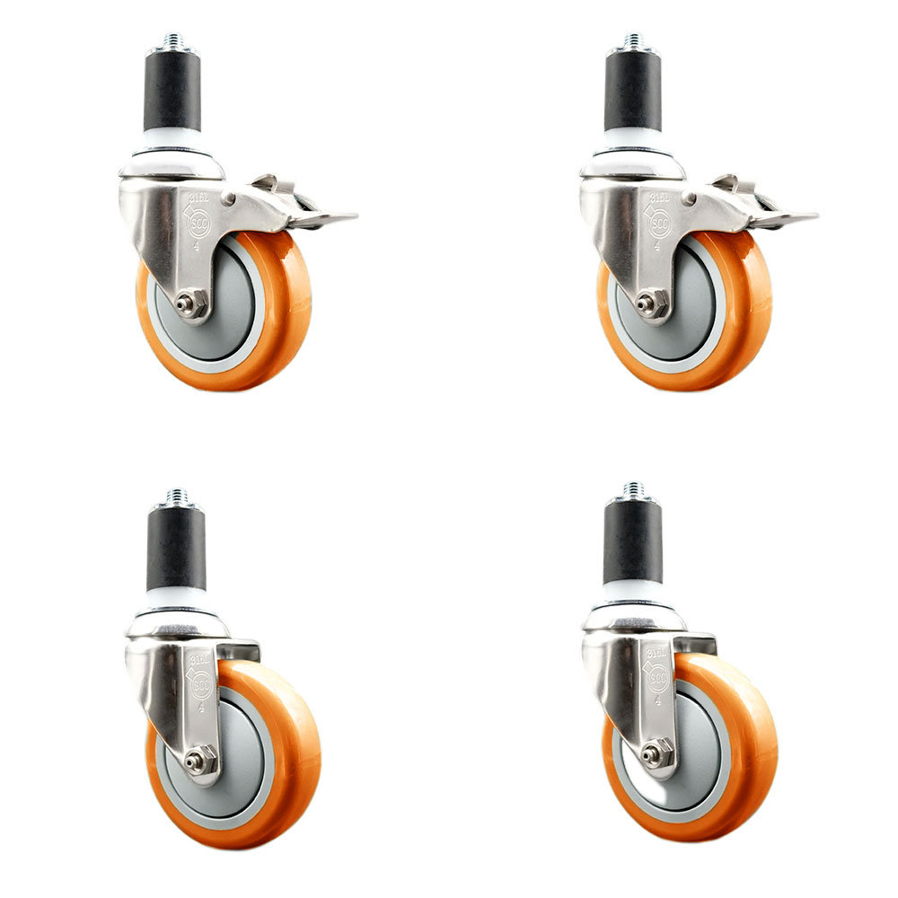 Polyurethane Swivel Stem Caster Set of 4 with 4 Inch Orange Caster Wheels - 1-5/8" Expanding Stem-316 Stainless Steel Casters-Includes 2 Swivel with Total Lock Brakes and 2 Swivel-Service Caster Brand — photo 1