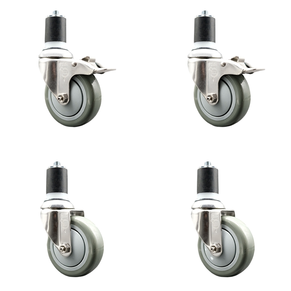 Polyurethane Swivel Stem Caster Set of 4 with 4 Inch Gray Caster Wheels - 1-7/8" Expanding Stem -316 Stainless Steel Casters-Includes 2 Swivel with Total Lock Brakes and 2 Swivel-Service Caster Brand — photo 1