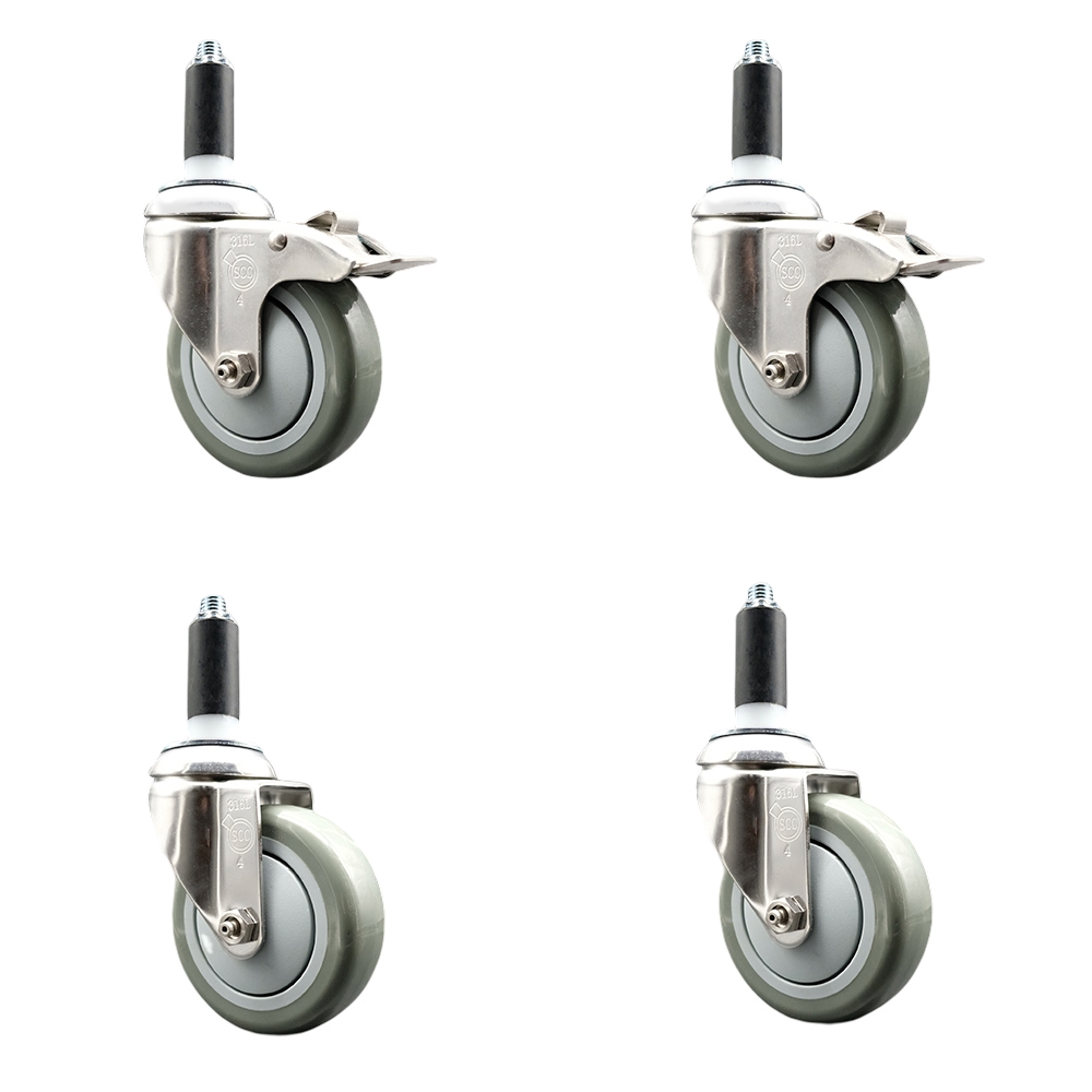 Polyurethane Swivel Stem Caster Set of 4 with 4 Inch Gray Caster Wheels - 1" Expanding Stem -316 Stainless Steel Casters - Includes 2 Swivel with Total Lock Brakes and 2 Swivel - Service Caster Brand — photo 1