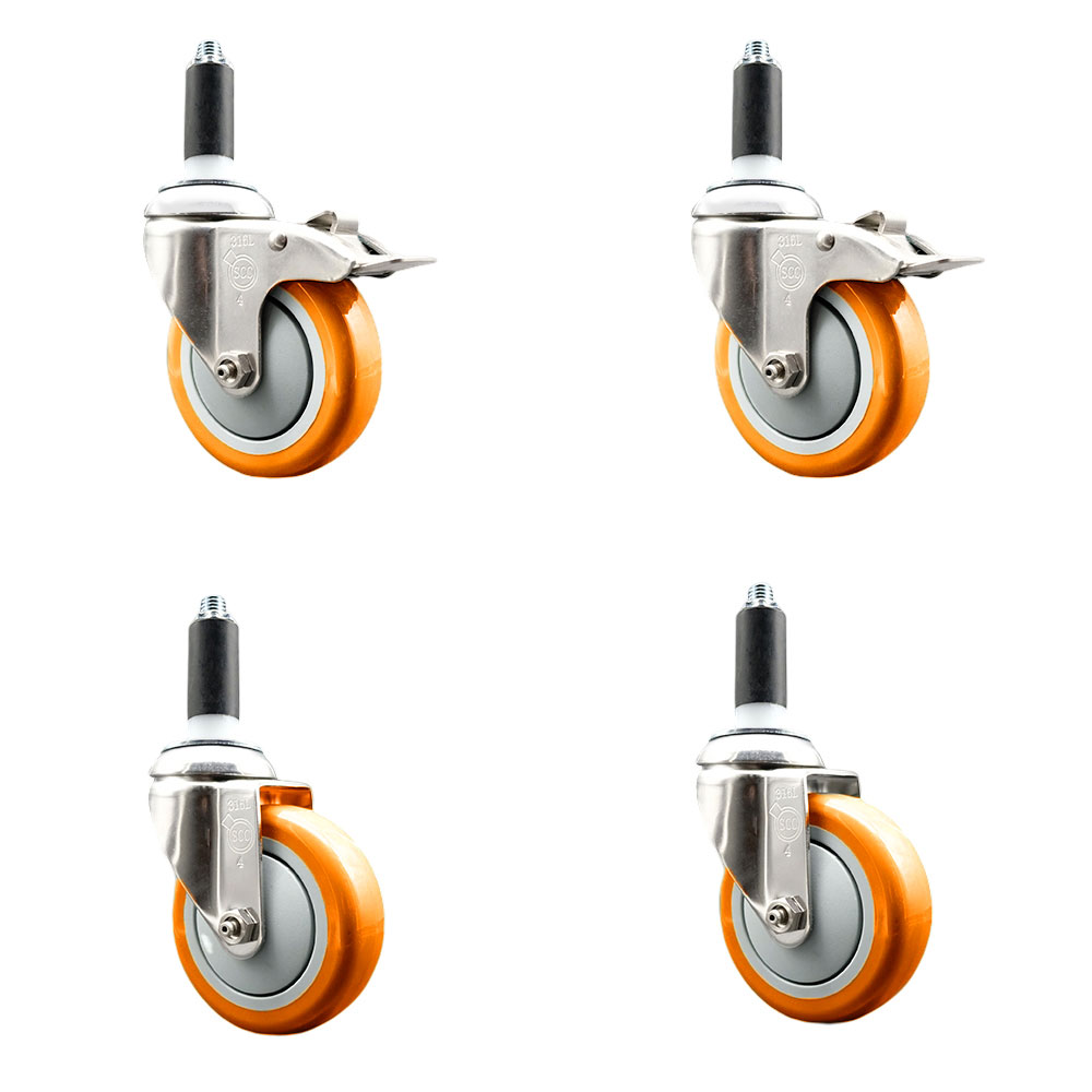 Polyurethane Swivel Stem Caster Set of 4 with 4 Inch Orange Caster Wheels - 1" Expanding Stem-316 Stainless Steel Casters - Includes 2 Swivel with Total Lock Brakes and 2 Swivel - Service Caster Brand — photo 1