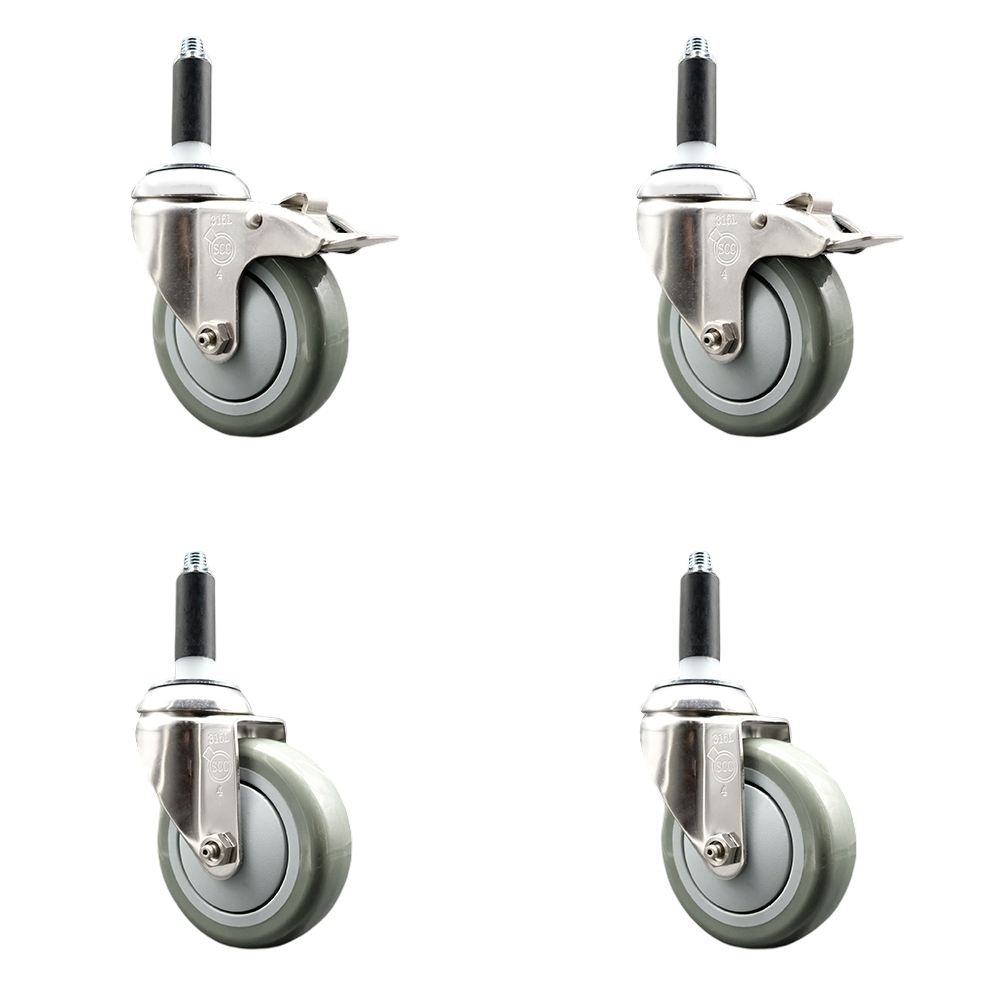 Polyurethane Swivel Stem Caster Set of 4 with 4 Inch Gray Caster Wheels - 3/4" Expanding Stem -316 Stainless Steel Casters - Includes 2 Swivel with Total Lock Brakes and 2 Swivel-Service Caster Brand — photo 1