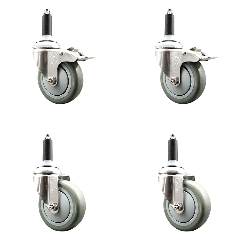 Polyurethane Swivel Stem Caster Set of 4 with 4 Inch Gray Caster Wheels - 7/8" Expanding Stem -316 Stainless Steel Casters - Includes 2 Swivel with Total Lock Brakes and 2 Swivel-Service Caster Brand — photo 1