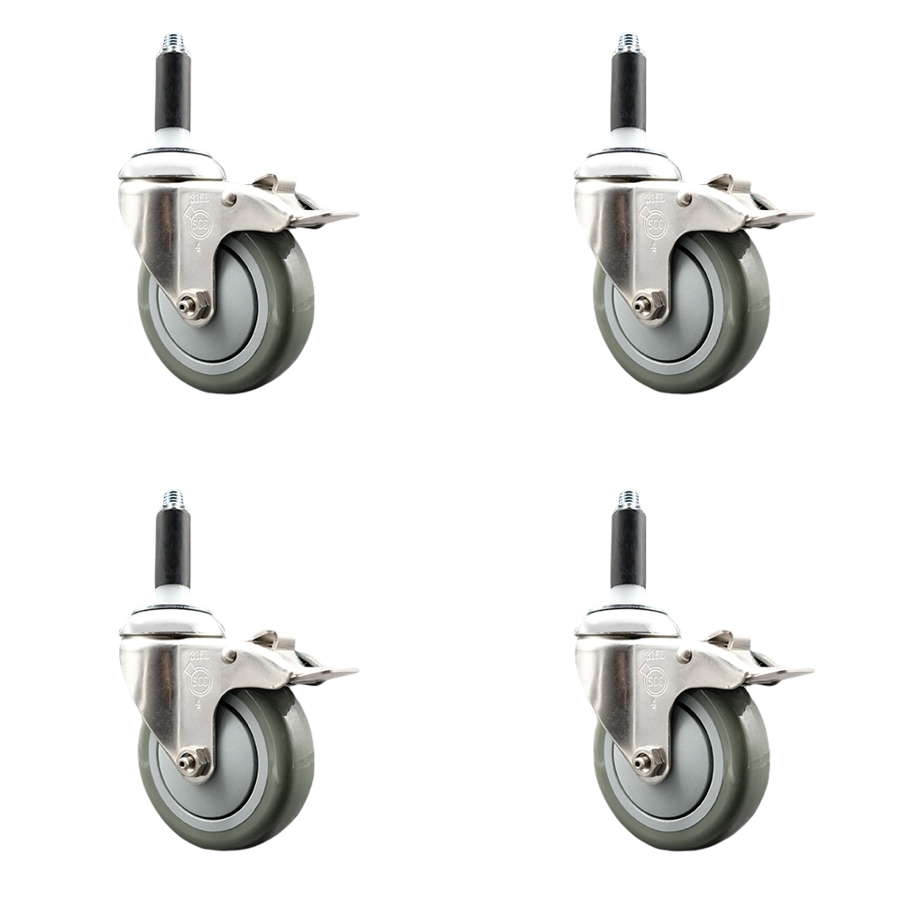Polyurethane Swivel Stem Caster Set of 4 with 4 Inch Gray Caster Wheels - 3/4" Expanding Stems - 316 Stainless Steel Casters - Includes 4 Swivel Casters with Total Lock Brakes - Service Caster Brand — photo 1