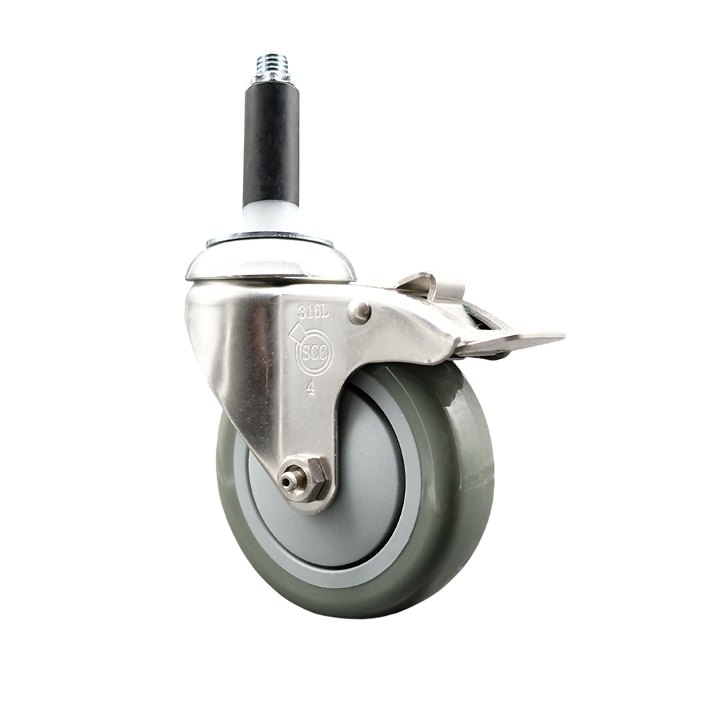 Polyurethane Swivel Stem Caster with 4 Inch Gray Caster Wheel and Total Lock Brake - 3/4" Expanding Stem - 316 Stainless Steel Caster - 350 lbs. Capacity Per Caster - Service Caster Brand — photo 1
