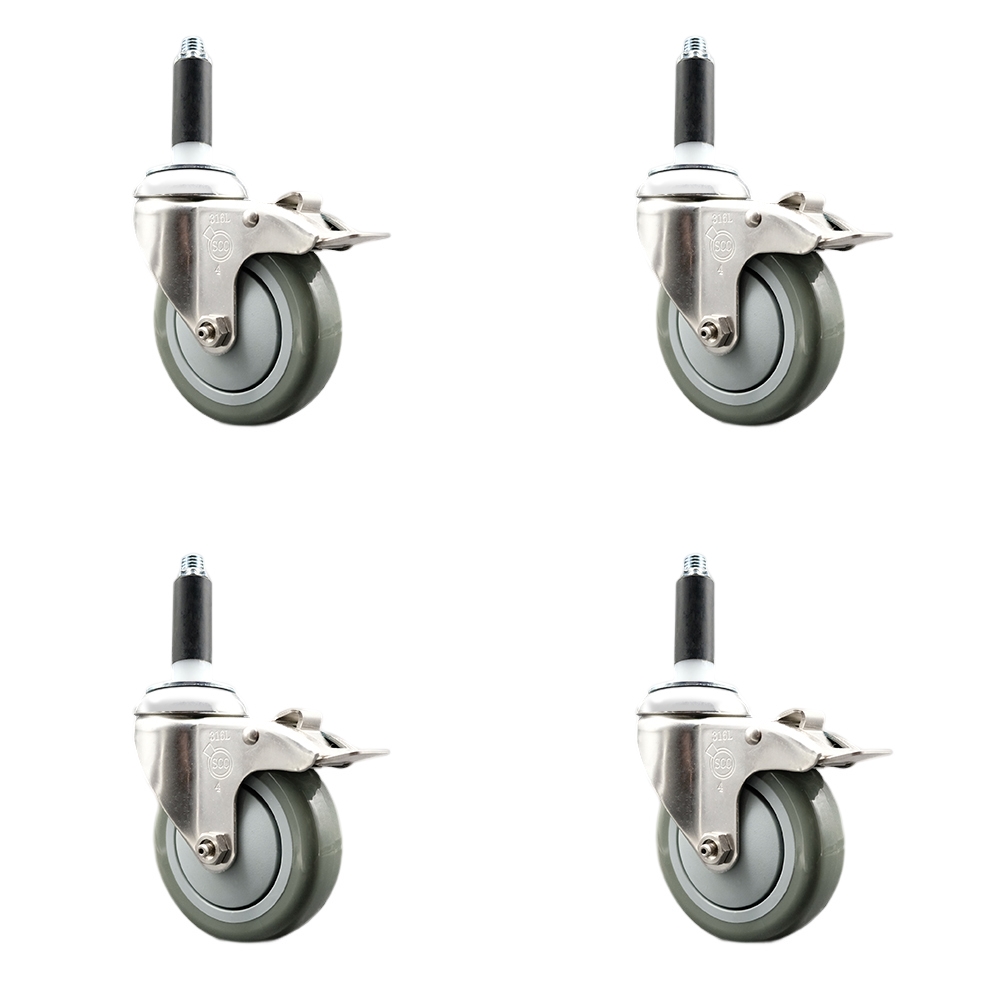 Polyurethane Swivel Stem Caster Set of 4 with 4 Inch Gray Caster Wheels - 7/8" Expanding Stems - 316 Stainless Steel Casters - Includes 4 Swivel Casters with Total Lock Brakes - Service Caster Brand — photo 1