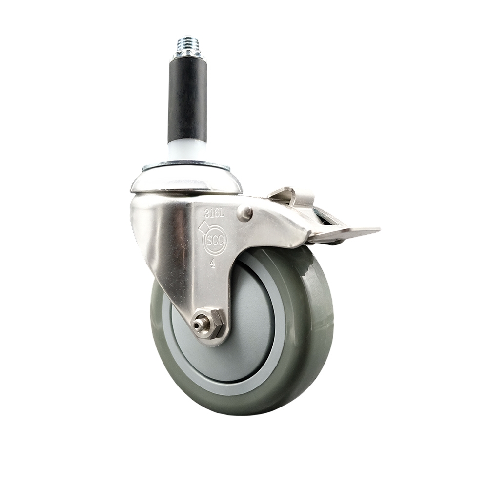 Polyurethane Swivel Stem Caster with 4 Inch Gray Caster Wheel and Total Lock Brake - 7/8" Expanding Stem - 316 Stainless Steel Caster - 350 lbs. Capacity Per Caster - Service Caster Brand — photo 1