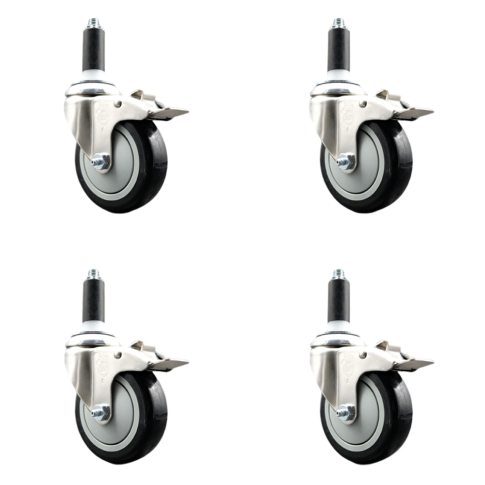 Polyurethane Swivel Stem Caster Set of 4 with 4 Inch Black Caster Wheels - 1" Expanding Stems - 316 Stainless Steel Casters - Includes 4 Swivel Casters with Total Lock Brakes- Service Caster Brand — photo 1