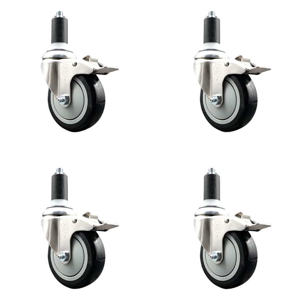 Polyurethane Swivel Stem Caster Set of 4 with 4 Inch Black Caster Wheels - 1-1/4" Expanding Stems - 316 Stainless Steel Casters - Includes 4 Swivel Casters with Total Lock Brakes- Service Caster Brand — photo 1