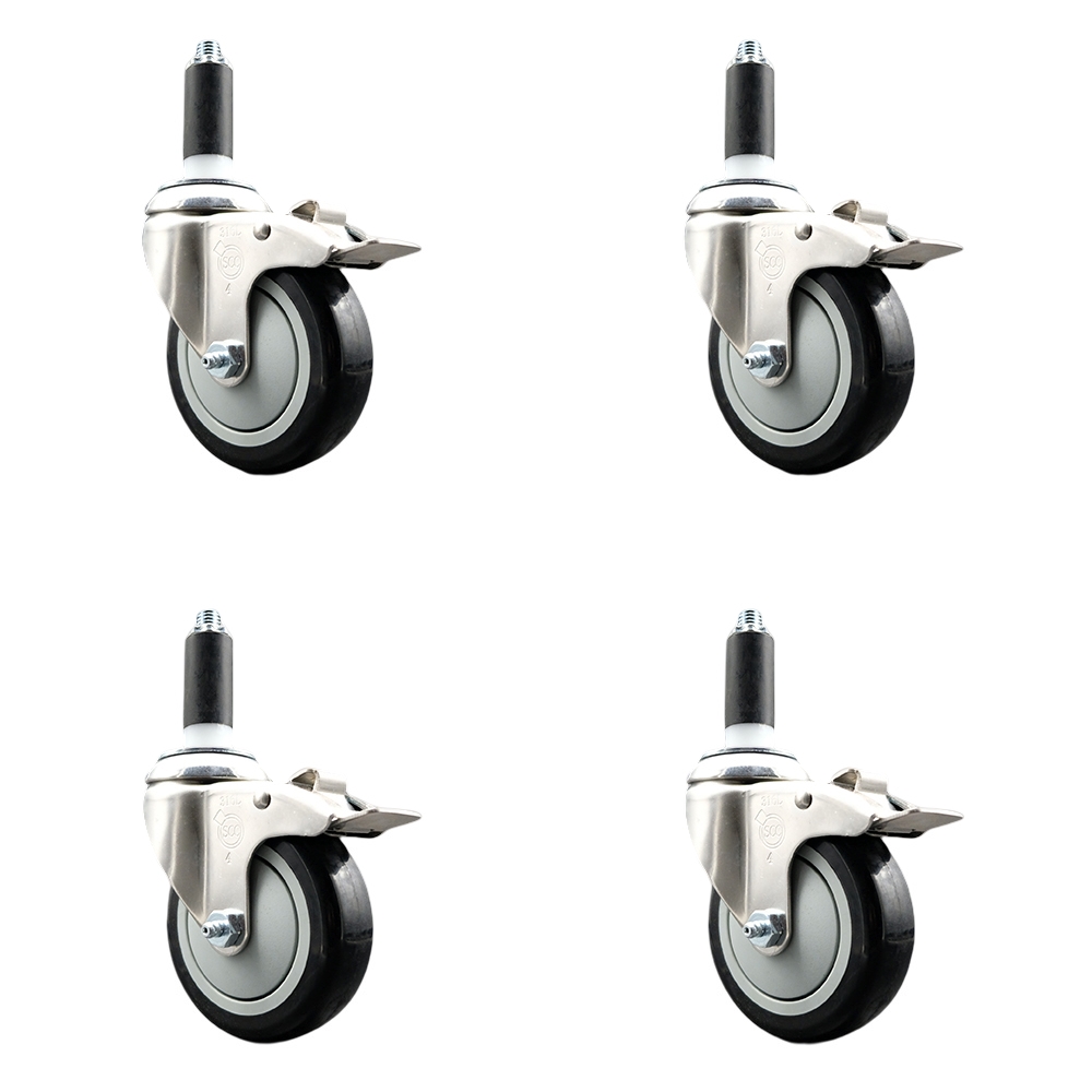 Polyurethane Swivel Stem Caster Set of 4 with 4 Inch Black Caster Wheels - 1-1/8" Expanding Stems - 316 Stainless Steel Casters - Includes 4 Swivel Casters with Total Lock Brakes- Service Caster Brand — photo 1