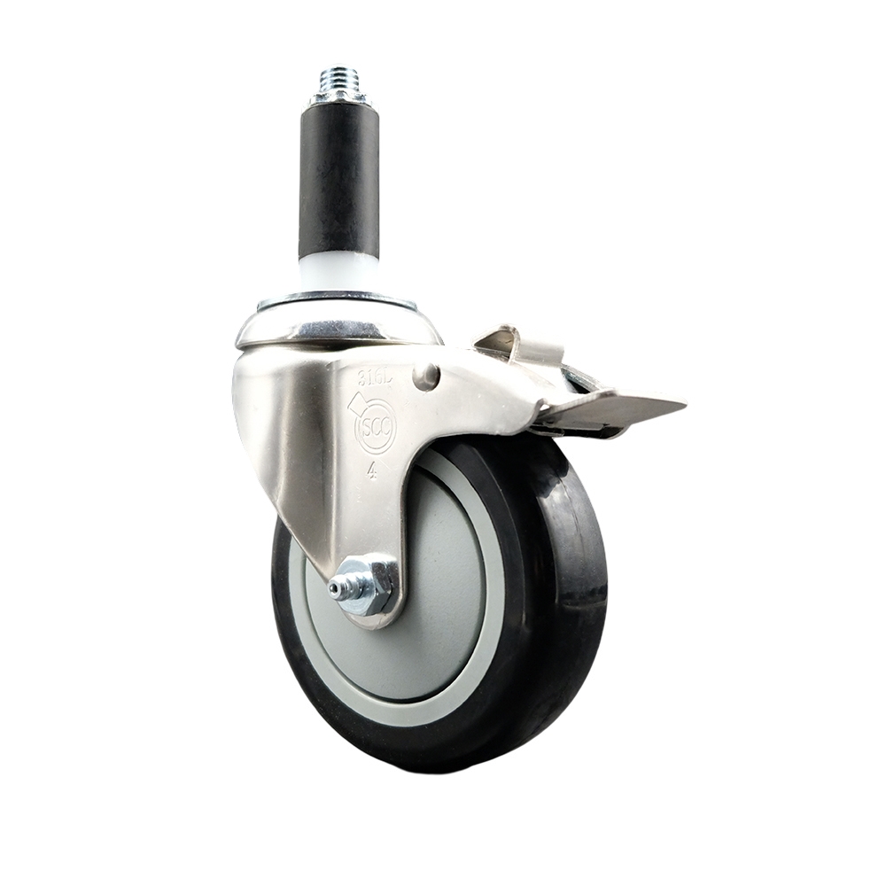 Polyurethane Swivel Stem Caster with 4 Inch Black Caster Wheel and Total Lock Brake - 1-1/8" Expanding Stem - 316 Stainless Steel Caster - 350 lbs. Capacity Per Caster - Service Caster Brand — photo 1
