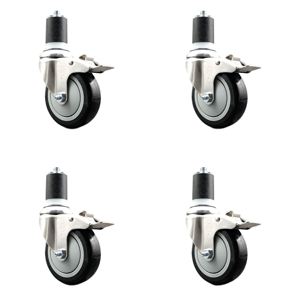 Polyurethane Swivel Stem Caster Set of 4 with 4 Inch Black Caster Wheels - 1-3/4" Expanding Stems - 316 Stainless Steel Casters - Includes 4 Swivel Casters with Total Lock Brakes- Service Caster Brand — photo 1