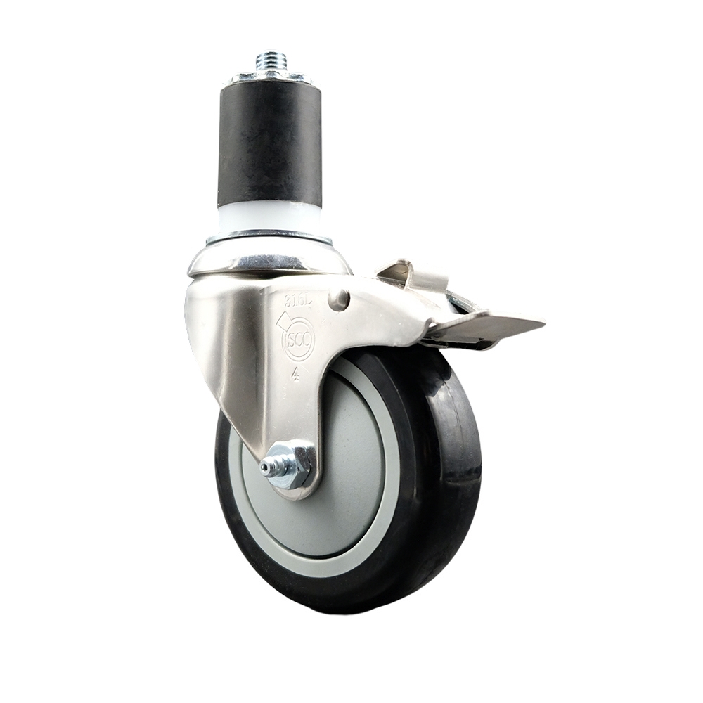 Polyurethane Swivel Stem Caster with 4 Inch Black Caster Wheel and Total Lock Brake - 1-3/4" Expanding Stem - 316 Stainless Steel Caster - 350 lbs. Capacity Per Caster - Service Caster Brand — photo 1