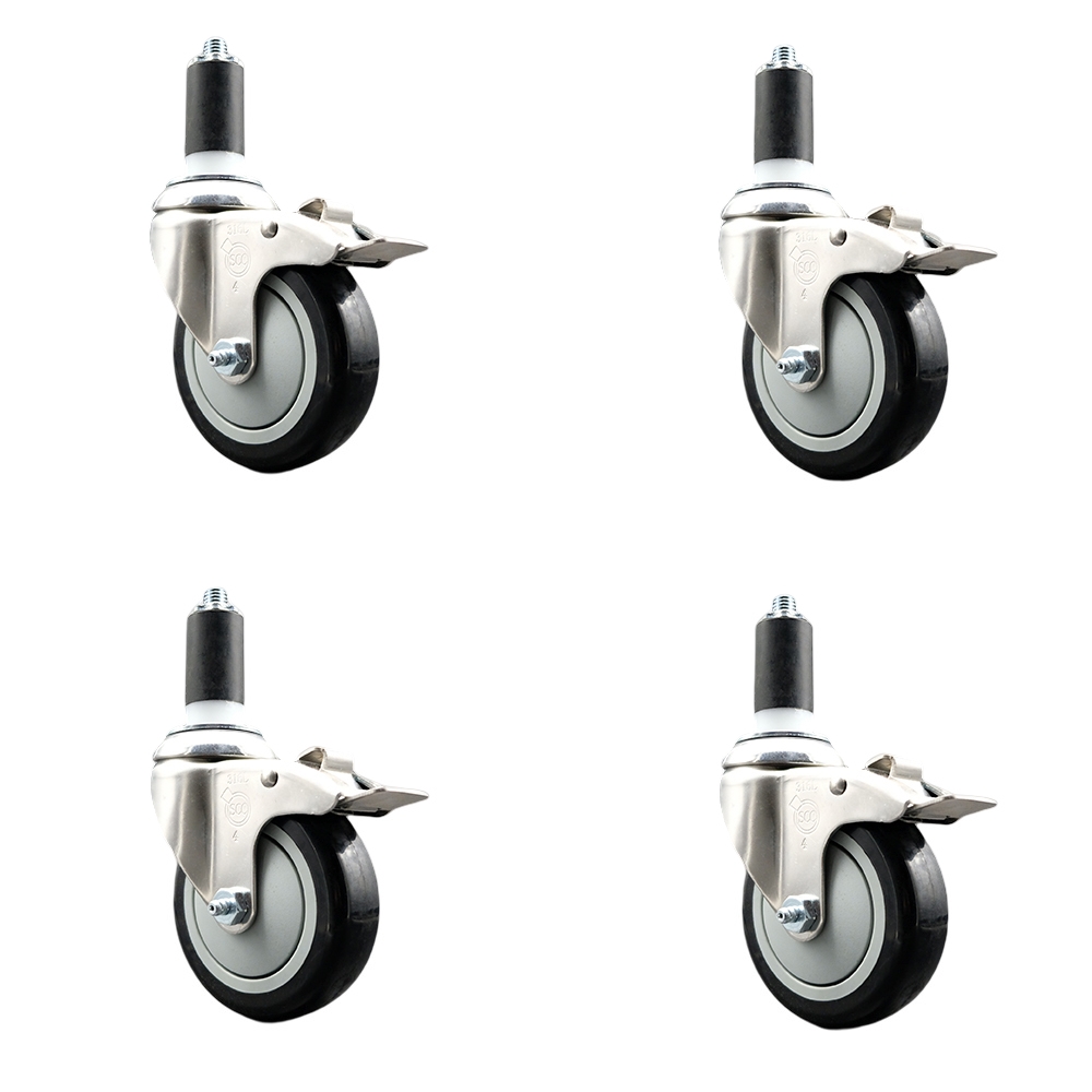 Polyurethane Swivel Stem Caster Set of 4 with 4 Inch Black Caster Wheels - 1-3/8" Expanding Stems - 316 Stainless Steel Casters - Includes 4 Swivel Casters with Total Lock Brakes- Service Caster Brand — photo 1