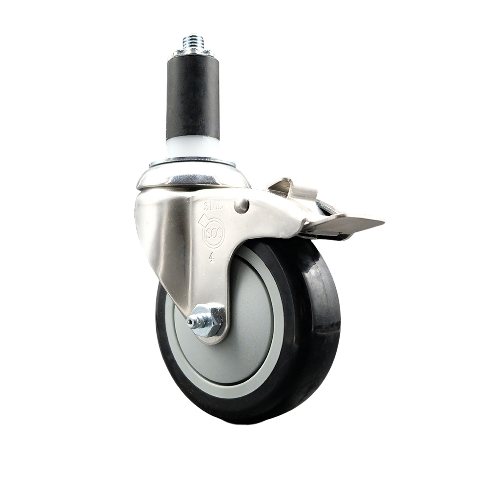 Polyurethane Swivel Stem Caster with 4 Inch Black Caster Wheel and Total Lock Brake - 1-3/8" Expanding Stem - 316 Stainless Steel Caster - 350 lbs. Capacity Per Caster - Service Caster Brand — photo 1
