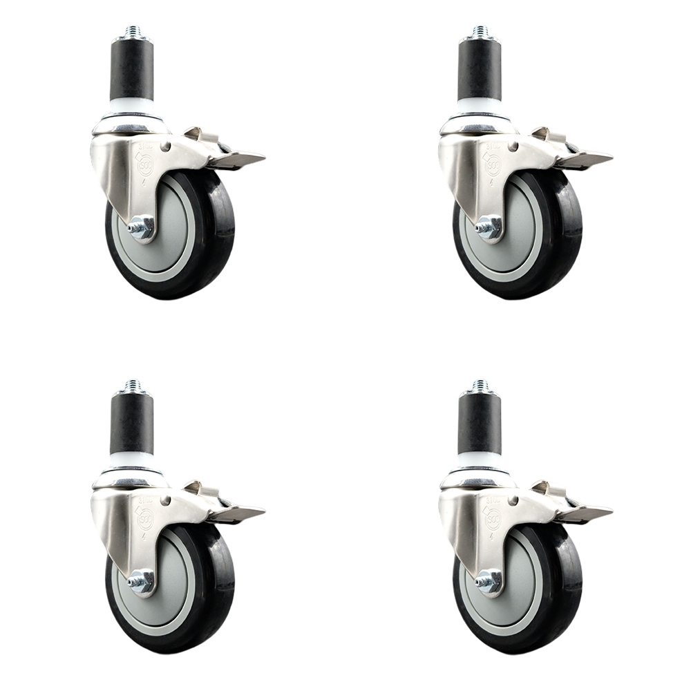 Polyurethane Swivel Stem Caster Set of 4 with 4 Inch Black Caster Wheels - 1-5/8" Expanding Stems - 316 Stainless Steel Casters - Includes 4 Swivel Casters with Total Lock Brakes- Service Caster Brand — photo 1