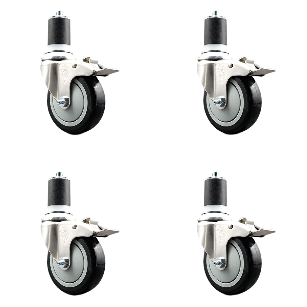Polyurethane Swivel Stem Caster Set of 4 with 4 Inch Black Caster Wheels - 1-7/8" Expanding Stems - 316 Stainless Steel Casters - Includes 4 Swivel Casters with Total Lock Brakes- Service Caster Brand — photo 1