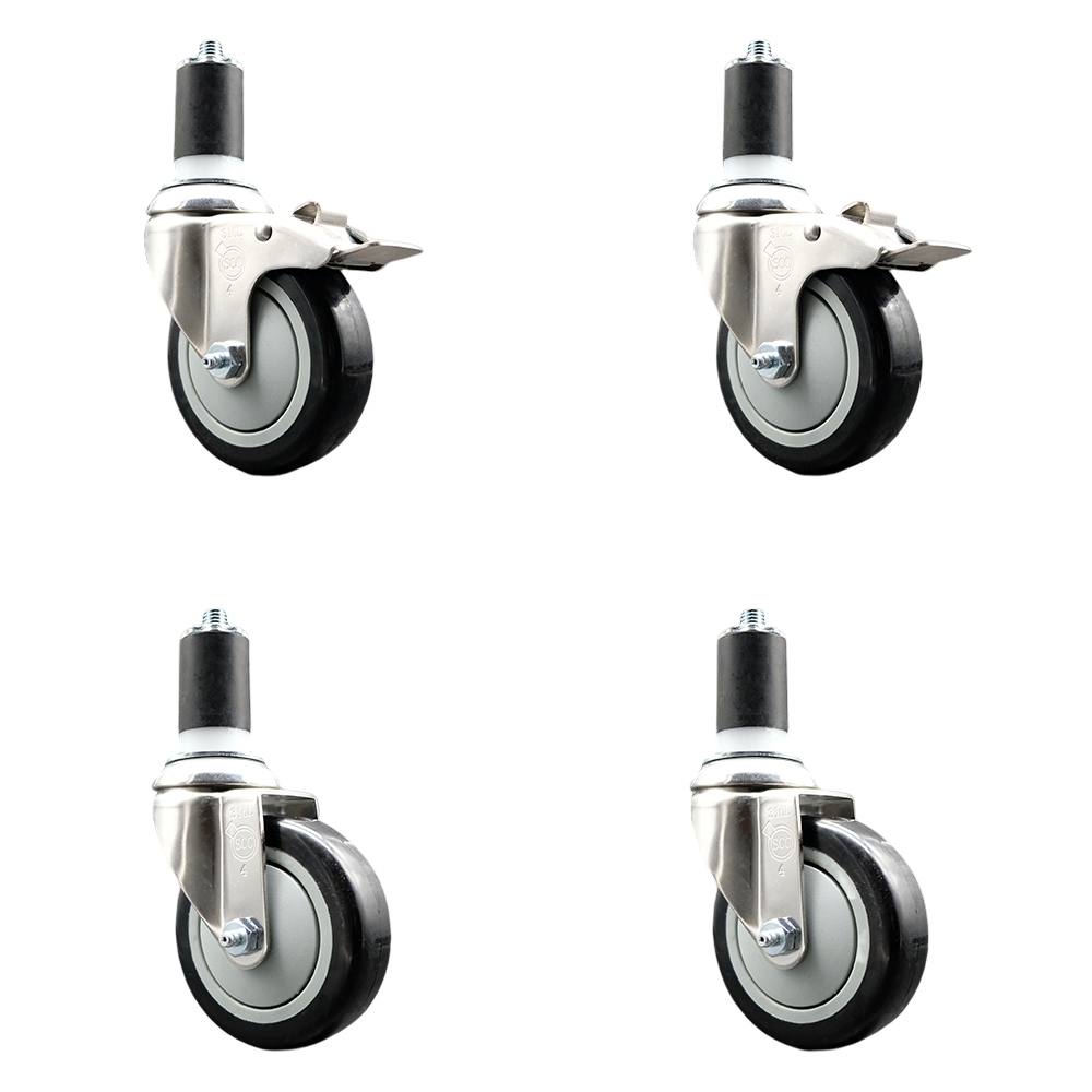 Polyurethane Swivel Stem Caster Set of 4 with 4 Inch Black Caster Wheels - 1-1/2" Expanding Stem -316 Stainless Steel Casters-Includes 2 Swivel with Total Lock Brakes and 2 Swivel-Service Caster Brand — photo 1