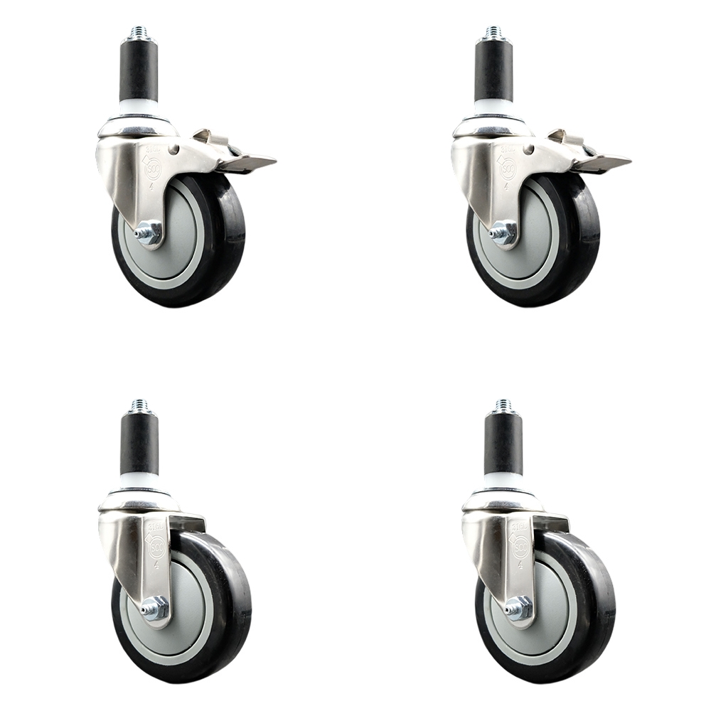 Polyurethane Swivel Stem Caster Set of 4 with 4 Inch Black Caster Wheels - 1-1/4" Expanding Stem -316 Stainless Steel Casters-Includes 2 Swivel with Total Lock Brakes and 2 Swivel-Service Caster Brand — photo 1