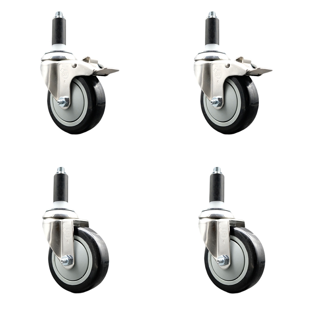 Polyurethane Swivel Stem Caster Set of 4 with 4 Inch Black Caster Wheels - 1-1/8" Expanding Stem -316 Stainless Steel Casters-Includes 2 Swivel with Total Lock Brakes and 2 Swivel-Service Caster Brand — photo 1