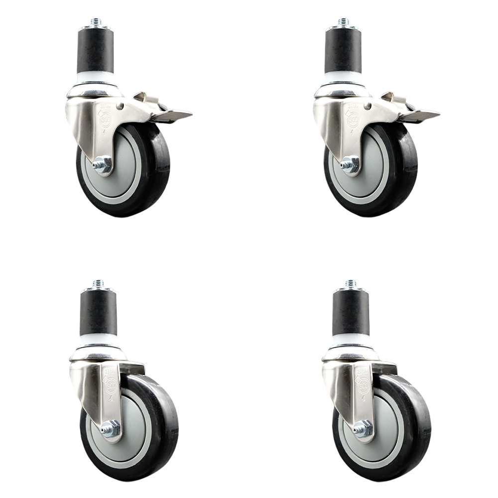 Polyurethane Swivel Stem Caster Set of 4 with 4 Inch Black Caster Wheels - 1-3/4" Expanding Stem -316 Stainless Steel Casters-Includes 2 Swivel with Total Lock Brakes and 2 Swivel-Service Caster Brand — photo 1