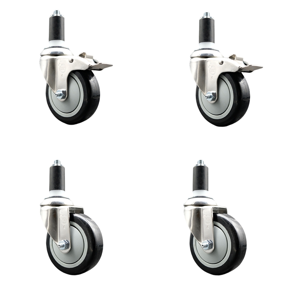 Polyurethane Swivel Stem Caster Set of 4 with 4 Inch Black Caster Wheels - 1-3/8" Expanding Stem -316 Stainless Steel Casters-Includes 2 Swivel with Total Lock Brakes and 2 Swivel-Service Caster Brand — photo 1