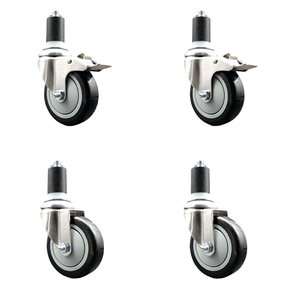 Polyurethane Swivel Stem Caster Set of 4 with 4 Inch Black Caster Wheels - 1-5/8" Expanding Stem -316 Stainless Steel Casters-Includes 2 Swivel with Total Lock Brakes and 2 Swivel-Service Caster Brand — photo 1