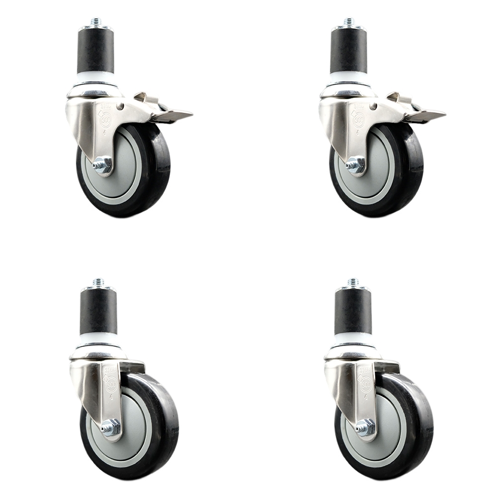 Polyurethane Swivel Stem Caster Set of 4 with 4 Inch Black Caster Wheels - 1-7/8" Expanding Stem -316 Stainless Steel Casters-Includes 2 Swivel with Total Lock Brakes and 2 Swivel-Service Caster Brand — photo 1