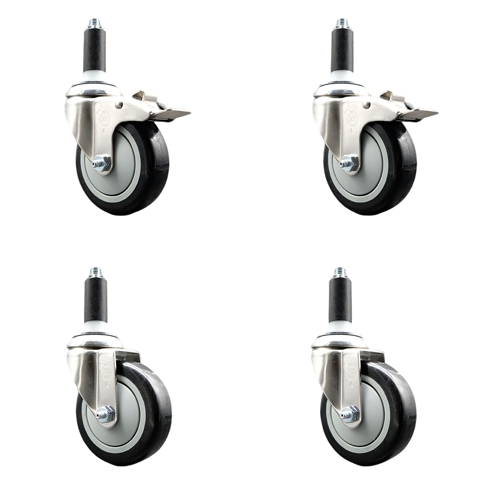 Polyurethane Swivel Stem Caster Set of 4 with 4 Inch Black Caster Wheels - 1" Expanding Stem -316 Stainless Steel Casters - Includes 2 Swivel with Total Lock Brakes and 2 Swivel - Service Caster Brand — photo 1