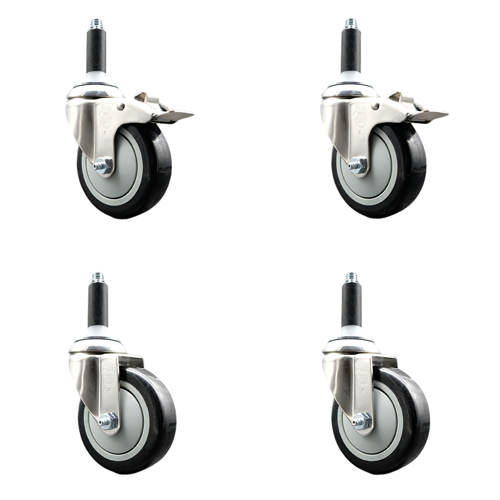 Polyurethane Swivel Stem Caster Set of 4 with 4 Inch Black Caster Wheels - 3/4" Expanding Stem -316 Stainless Steel Casters - Includes 2 Swivel with Total Lock Brakes and 2 Swivel-Service Caster Brand — photo 1