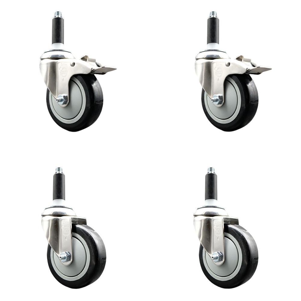 Polyurethane Swivel Stem Caster Set of 4 with 4 Inch Black Caster Wheels - 7/8" Expanding Stem -316 Stainless Steel Casters - Includes 2 Swivel with Total Lock Brakes and 2 Swivel-Service Caster Brand — photo 1