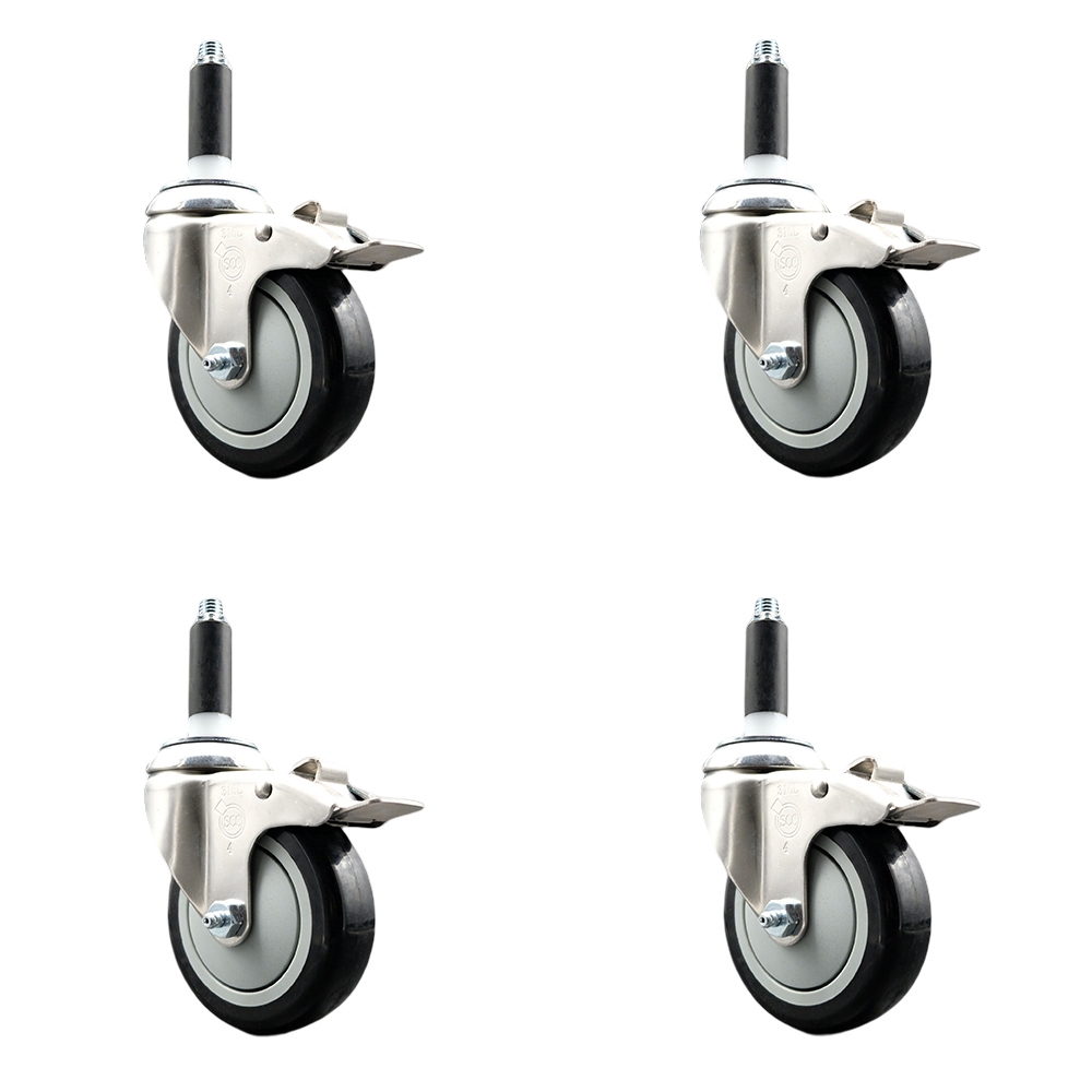 Polyurethane Swivel Stem Caster Set of 4 with 4 Inch Black Caster Wheels - 3/4" Expanding Stems - 316 Stainless Steel Casters - Includes 4 Swivel Casters with Total Lock Brakes - Service Caster Brand — photo 1