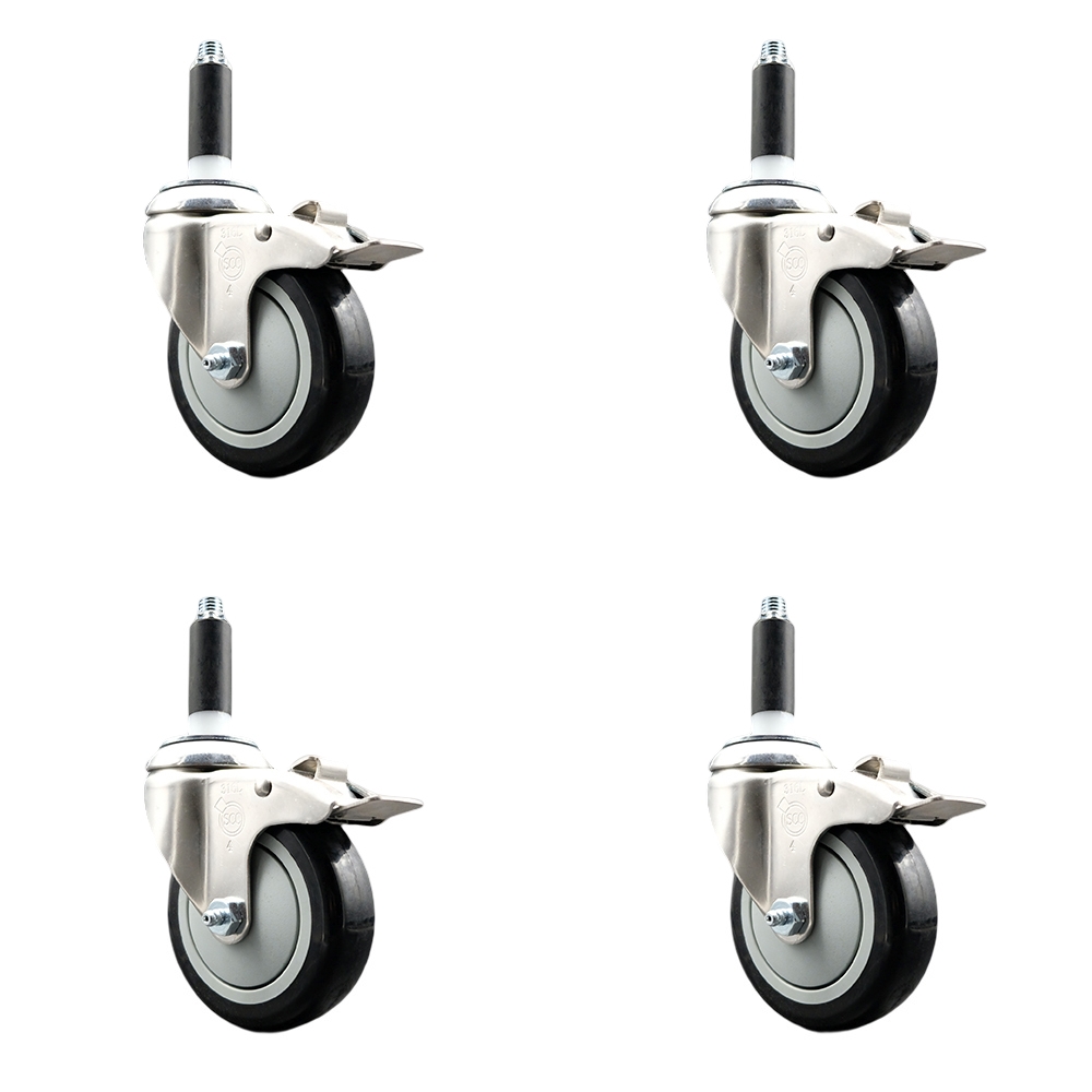 Polyurethane Swivel Stem Caster Set of 4 with 4 Inch Black Caster Wheels - 7/8" Expanding Stems - 316 Stainless Steel Casters - Includes 4 Swivel Casters with Total Lock Brakes - Service Caster Brand — photo 1