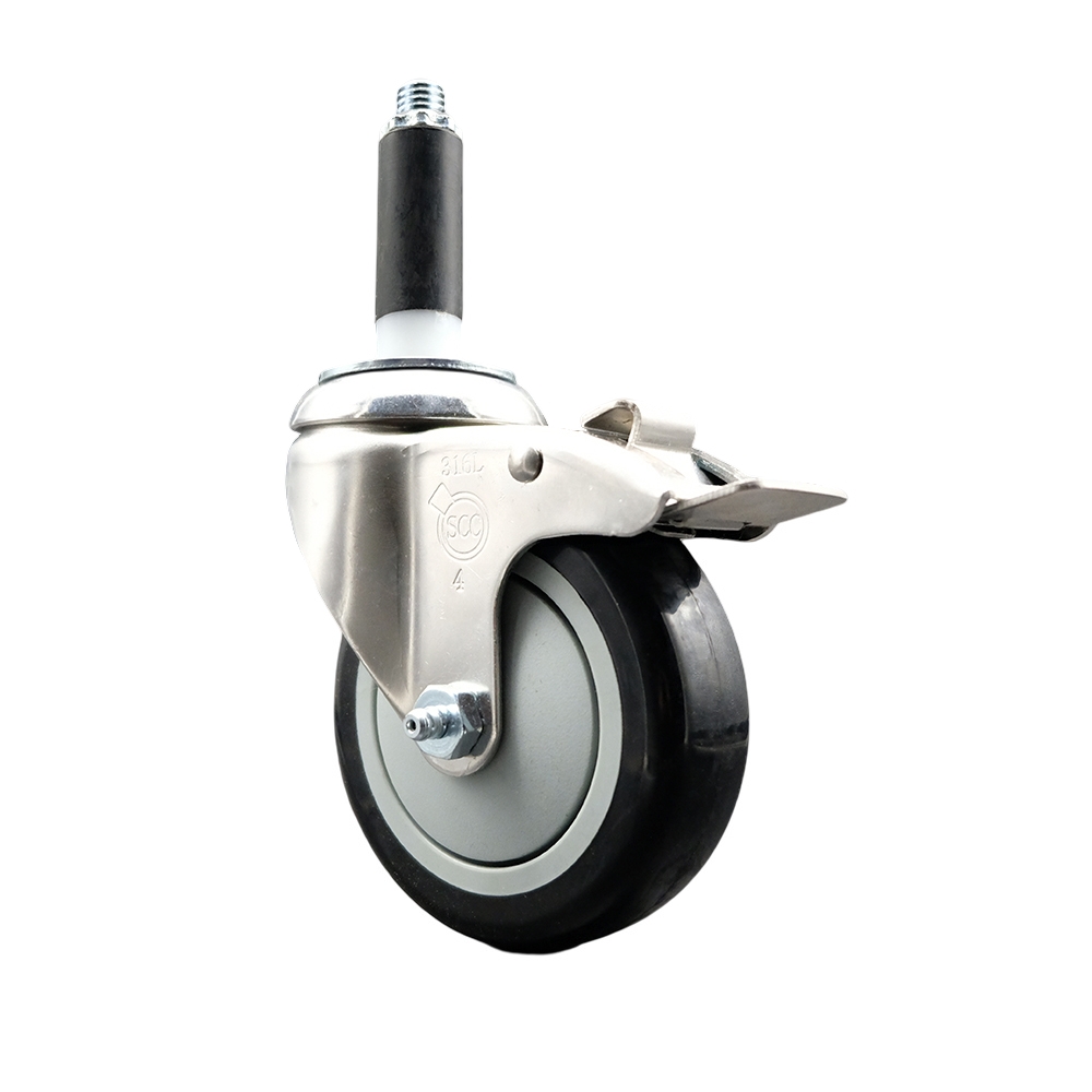 Polyurethane Swivel Stem Caster with 4 Inch Black Caster Wheel and Total Lock Brake - 7/8" Expanding Stem - 316 Stainless Steel Caster - 350 lbs. Capacity Per Caster - Service Caster Brand — photo 1