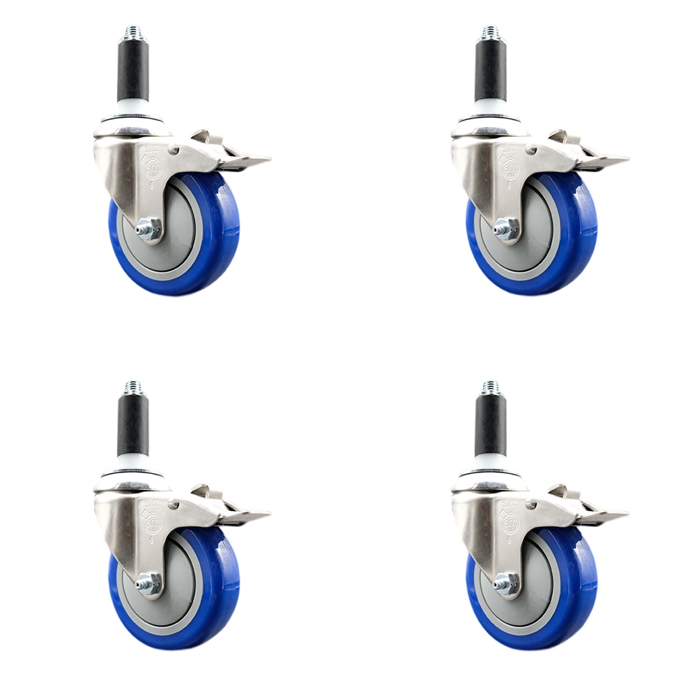Polyurethane Swivel Stem Caster Set of 4 with 4 Inch Blue Caster Wheels - 1" Expanding Stems - 316 Stainless Steel Casters - Includes 4 Swivel Casters with Total Lock Brakes- Service Caster Brand — photo 1