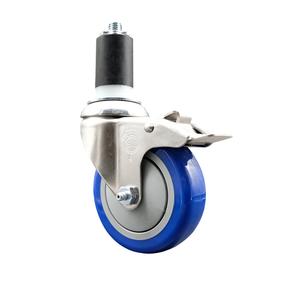 Polyurethane Swivel Stem Caster with 4 Inch Blue Caster Wheel and Total Lock Brake - 1-1/2" Expanding Stem - 316 Stainless Steel Caster - 350 lbs. Capacity Per Caster - Service Caster Brand — photo 1