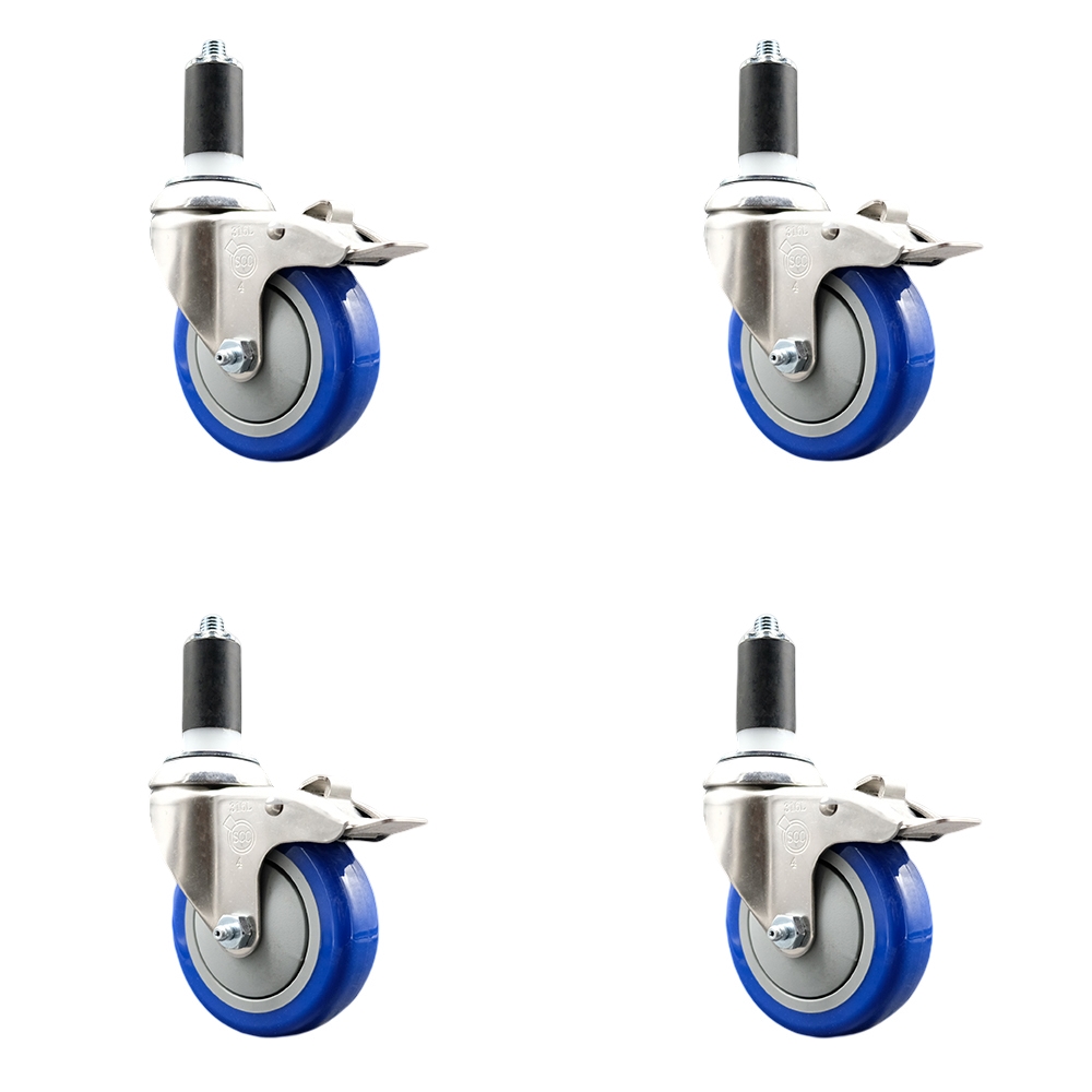 Polyurethane Swivel Stem Caster Set of 4 with 4 Inch Blue Caster Wheels - 1-1/4" Expanding Stems - 316 Stainless Steel Casters - Includes 4 Swivel Casters with Total Lock Brakes- Service Caster Brand — photo 1