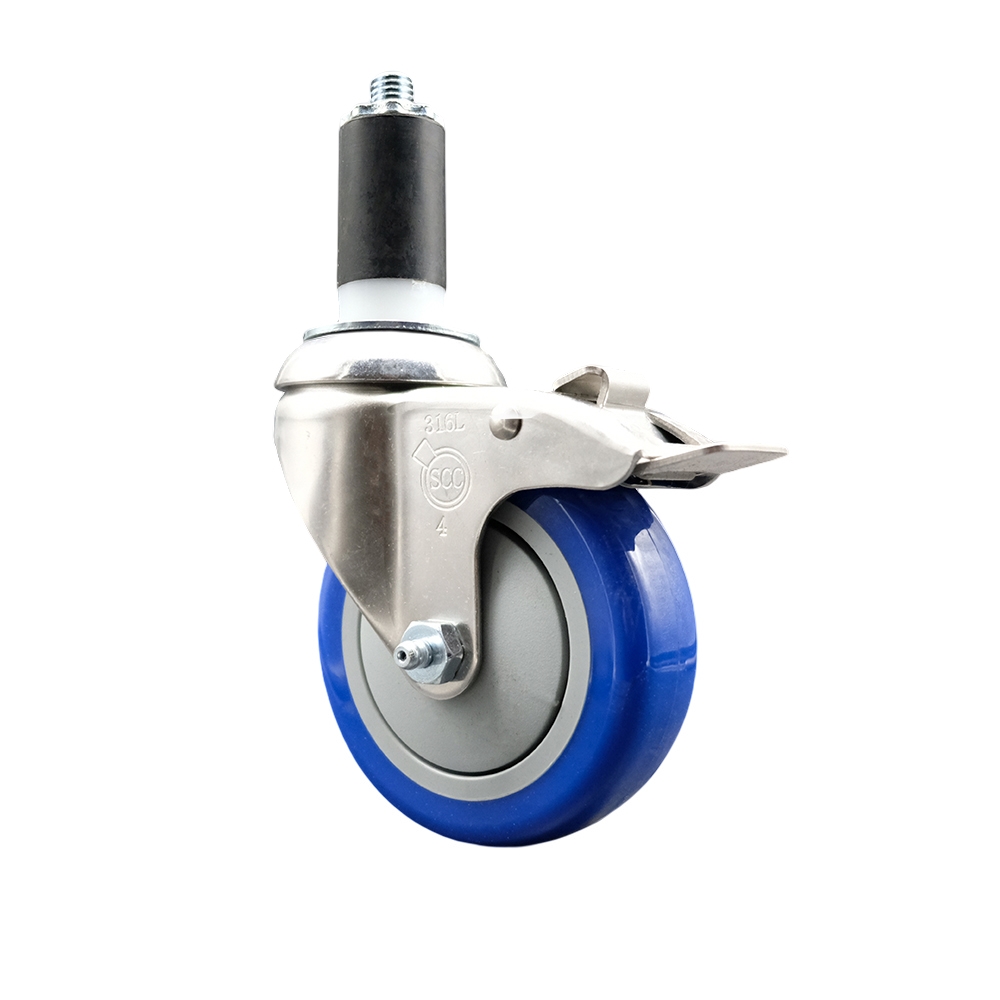 Polyurethane Swivel Stem Caster with 4 Inch Blue Caster Wheel and Total Lock Brake - 1-1/4" Expanding Stem - 316 Stainless Steel Caster - 350 lbs. Capacity Per Caster - Service Caster Brand — photo 1
