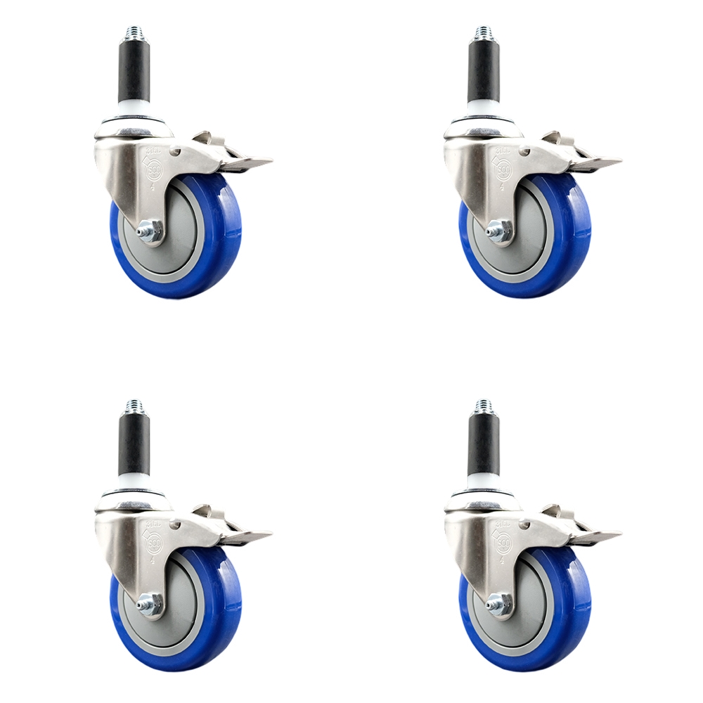 Polyurethane Swivel Stem Caster Set of 4 with 4 Inch Blue Caster Wheels - 1-1/8" Expanding Stems - 316 Stainless Steel Casters - Includes 4 Swivel Casters with Total Lock Brakes- Service Caster Brand — photo 1