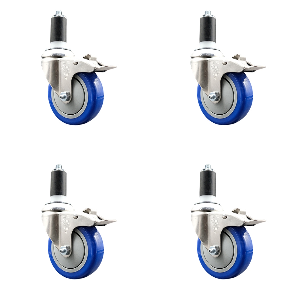 Polyurethane Swivel Stem Caster Set of 4 with 4 Inch Blue Caster Wheels - 1-3/8" Expanding Stems - 316 Stainless Steel Casters - Includes 4 Swivel Casters with Total Lock Brakes- Service Caster Brand — photo 1