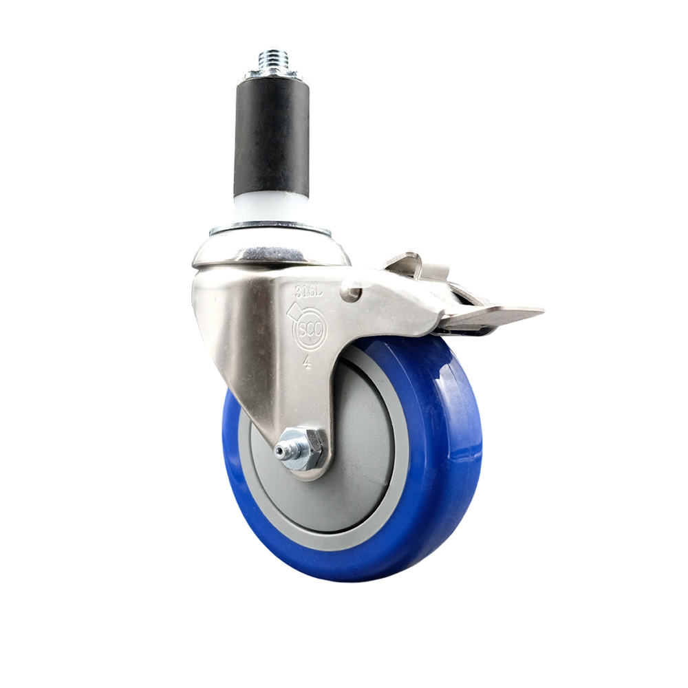 Polyurethane Swivel Stem Caster with 4 Inch Blue Caster Wheel and Total Lock Brake - 1-3/8" Expanding Stem - 316 Stainless Steel Caster - 350 lbs. Capacity Per Caster - Service Caster Brand — photo 1
