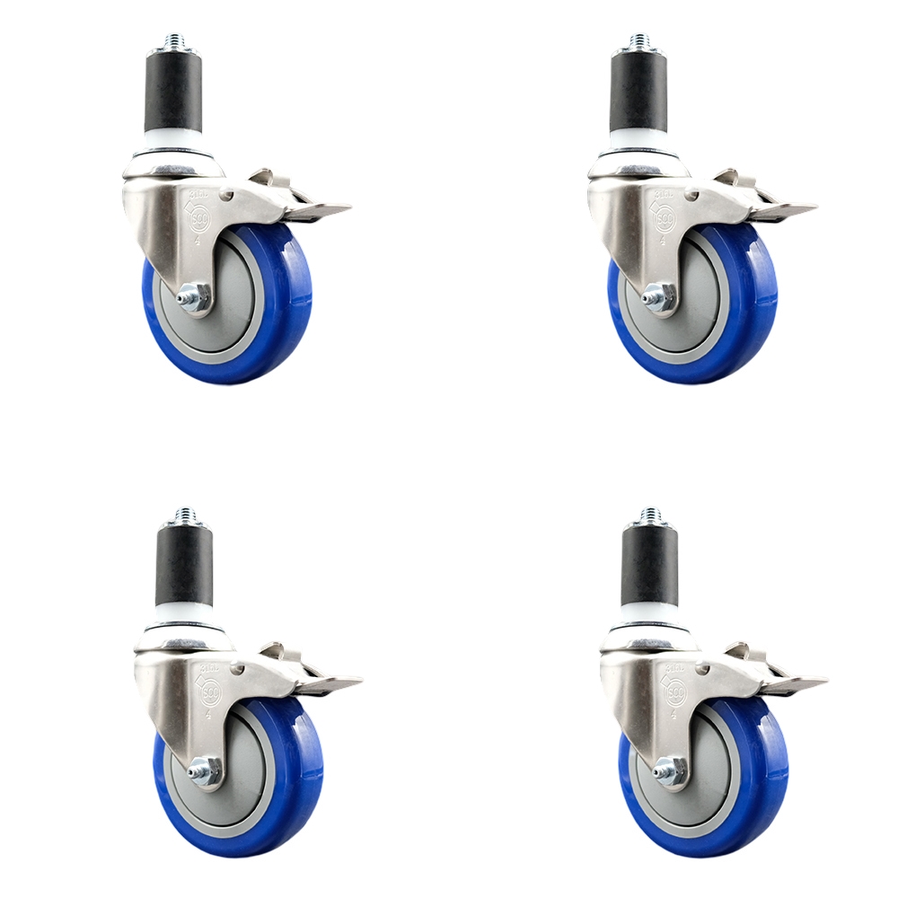 Polyurethane Swivel Stem Caster Set of 4 with 4 Inch Blue Caster Wheels - 1-5/8" Expanding Stems - 316 Stainless Steel Casters - Includes 4 Swivel Casters with Total Lock Brakes- Service Caster Brand — photo 1