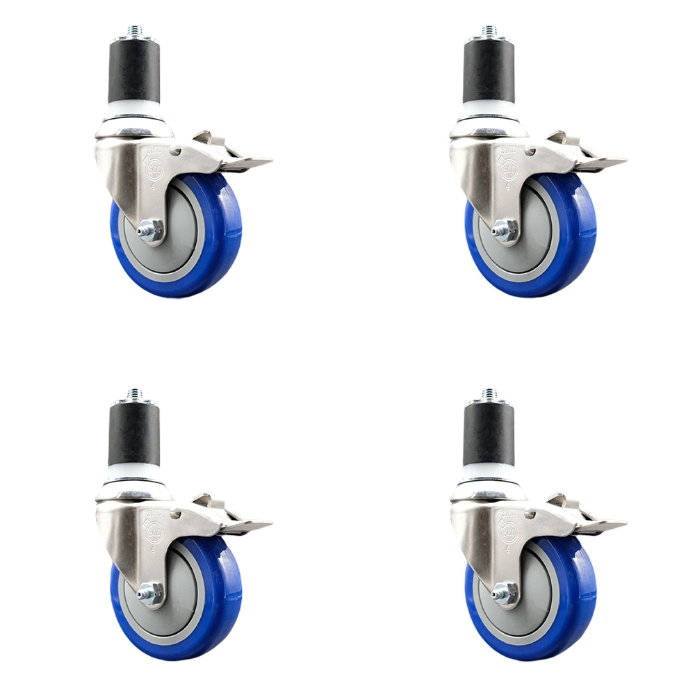 Polyurethane Swivel Stem Caster Set of 4 with 4 Inch Blue Caster Wheels - 1-7/8" Expanding Stems - 316 Stainless Steel Casters - Includes 4 Swivel Casters with Total Lock Brakes- Service Caster Brand — photo 1