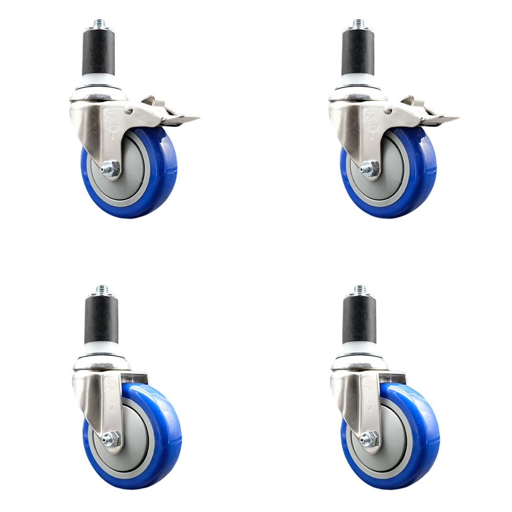 Polyurethane Swivel Stem Caster Set of 4 with 4 Inch Blue Caster Wheels - 1-1/2" Expanding Stem -316 Stainless Steel Casters-Includes 2 Swivel with Total Lock Brakes and 2 Swivel-Service Caster Brand — photo 1