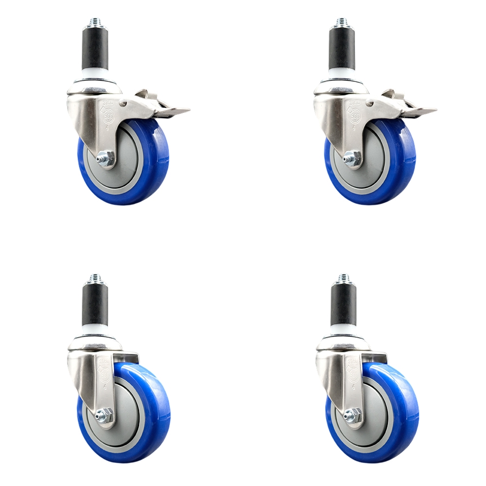 Polyurethane Swivel Stem Caster Set of 4 with 4 Inch Blue Caster Wheels - 1-1/4" Expanding Stem -316 Stainless Steel Casters-Includes 2 Swivel with Total Lock Brakes and 2 Swivel-Service Caster Brand — photo 1