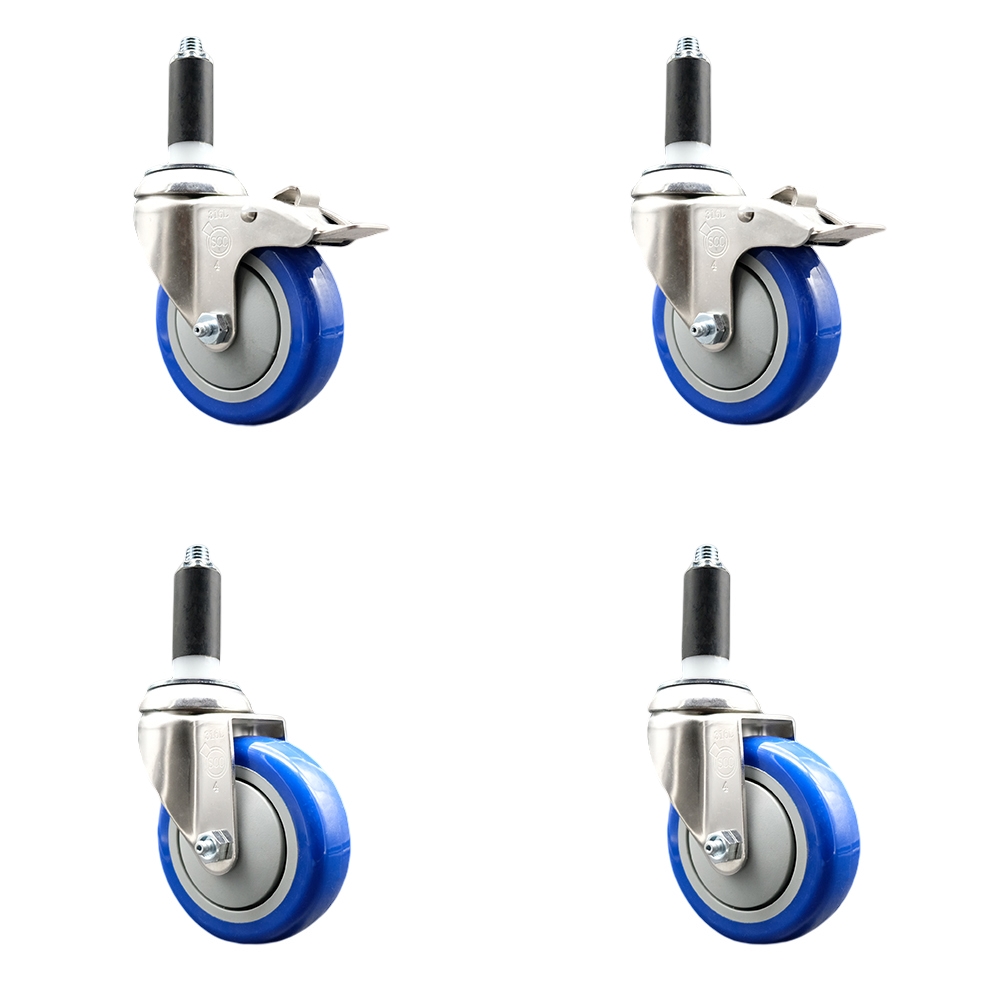 Polyurethane Swivel Stem Caster Set of 4 with 4 Inch Blue Caster Wheels - 1-1/8" Expanding Stem -316 Stainless Steel Casters-Includes 2 Swivel with Total Lock Brakes and 2 Swivel-Service Caster Brand — photo 1
