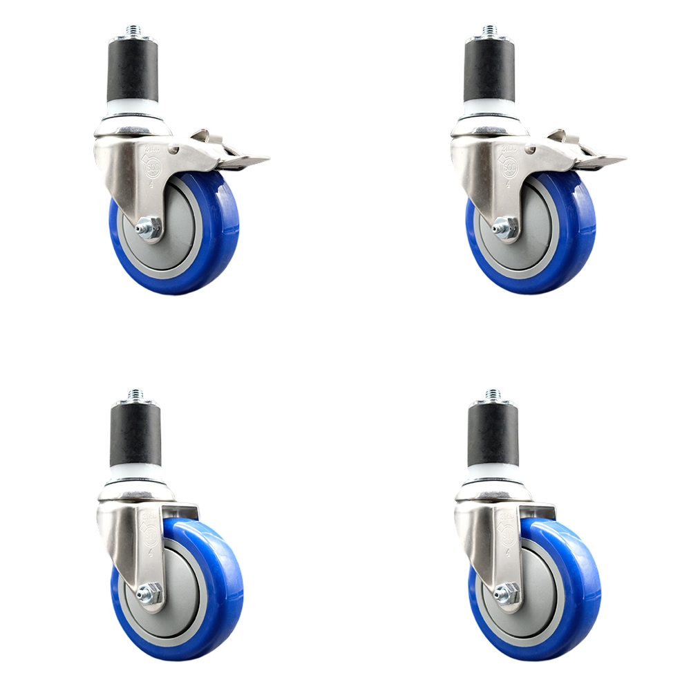 Polyurethane Swivel Stem Caster Set of 4 with 4 Inch Blue Caster Wheels - 1-3/4" Expanding Stem -316 Stainless Steel Casters-Includes 2 Swivel with Total Lock Brakes and 2 Swivel-Service Caster Brand — photo 1