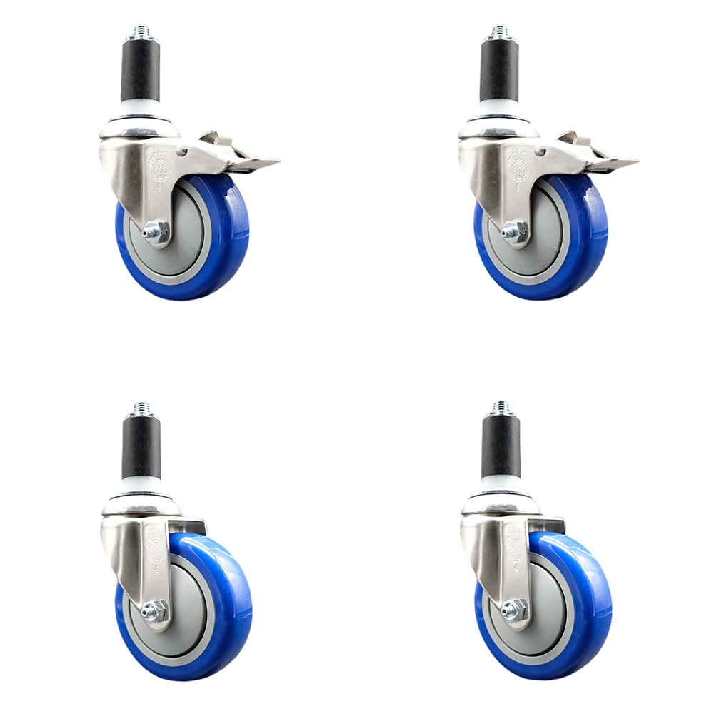 Polyurethane Swivel Stem Caster Set of 4 with 4 Inch Blue Caster Wheels - 1-3/8" Expanding Stem -316 Stainless Steel Casters-Includes 2 Swivel with Total Lock Brakes and 2 Swivel-Service Caster Brand — photo 1