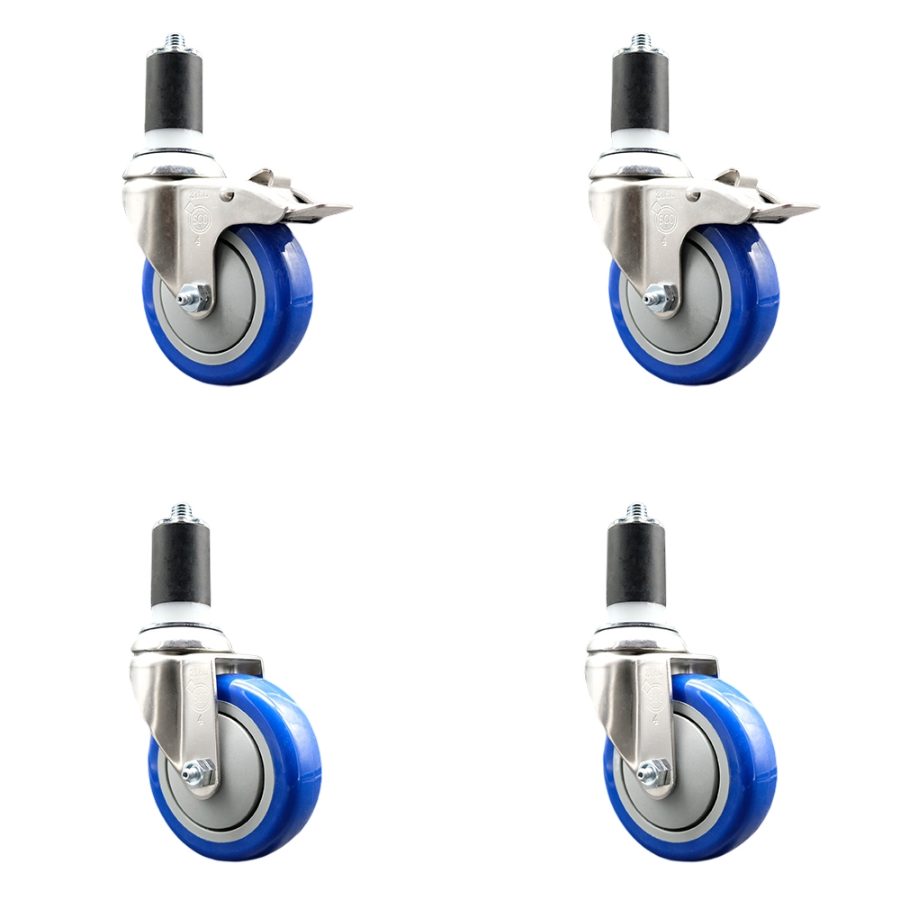 Polyurethane Swivel Stem Caster Set of 4 with 4 Inch Blue Caster Wheels - 1-5/8" Expanding Stem -316 Stainless Steel Casters-Includes 2 Swivel with Total Lock Brakes and 2 Swivel-Service Caster Brand — photo 1