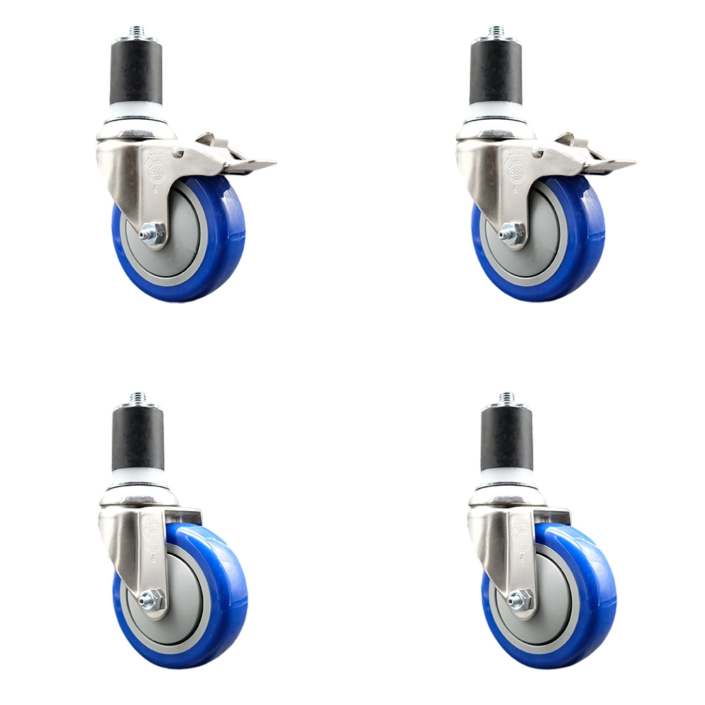 Polyurethane Swivel Stem Caster Set of 4 with 4 Inch Blue Caster Wheels - 1-7/8" Expanding Stem -316 Stainless Steel Casters-Includes 2 Swivel with Total Lock Brakes and 2 Swivel-Service Caster Brand — photo 1
